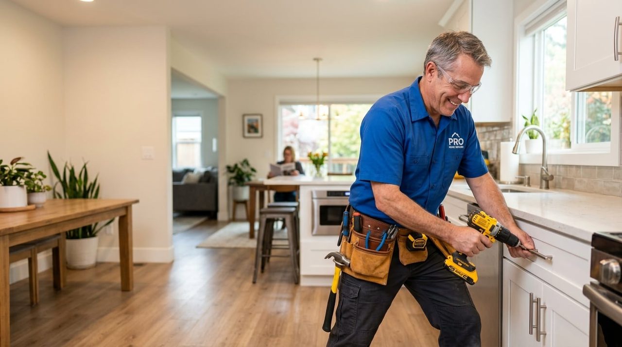 Professional handyman using a power drill to repair kitchen cabinets inside a home